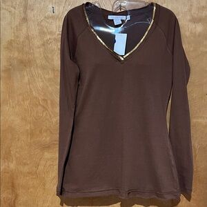 Women’s NWT Brown V-Neck with Gold Trim 100% Cotton Top Sz.L